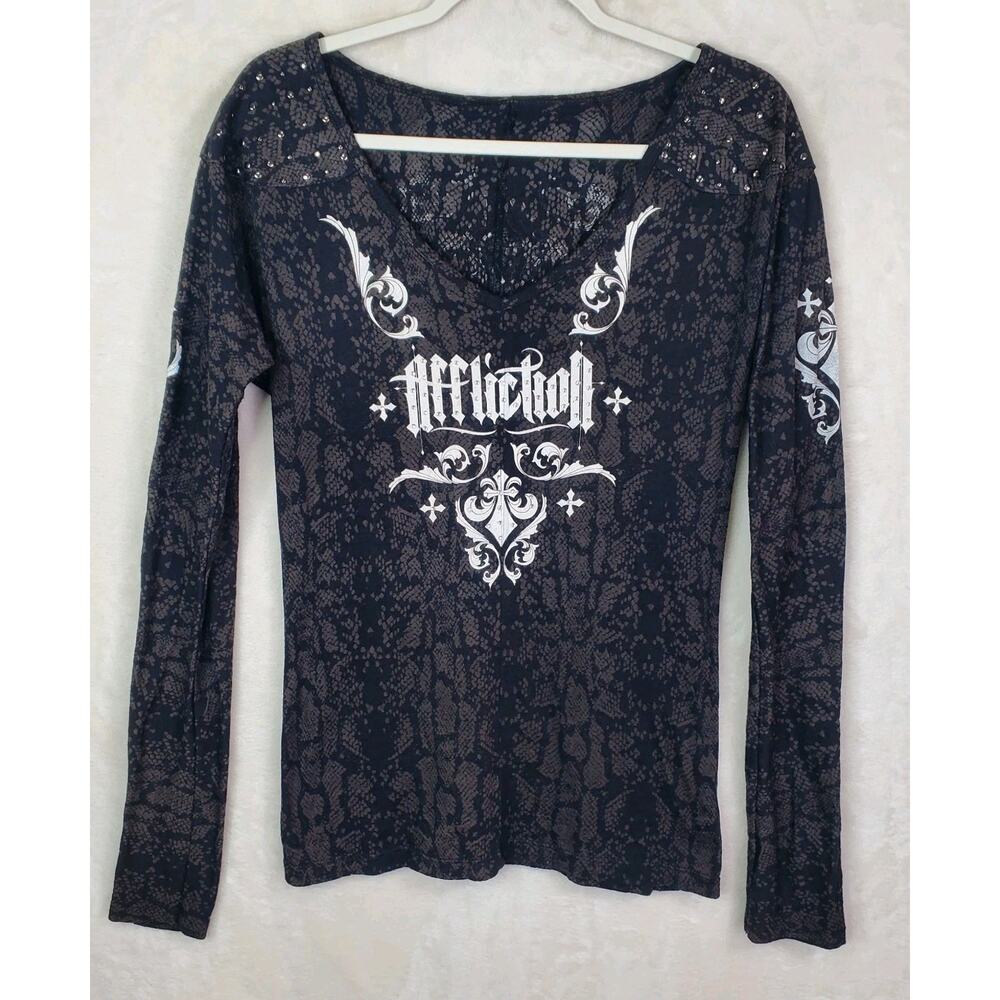 Vtg Y2K Affliction Black Rhinestone Cross Tattoo V Neck T Shirt Womens Sz Large